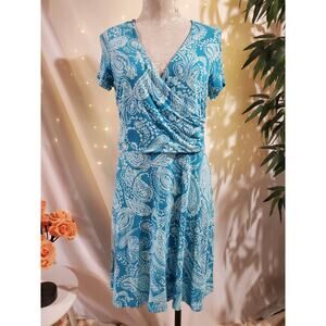 Lands End Paisley Draped Crossover V-Neck Short Sleeve Dress Size M Blue Stretch